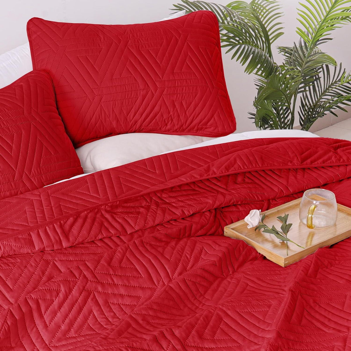 Whale Flotilla 3-Piece Queen Size Quilt Set for All Season, Classic Geometric Pattern Bedding Set with 2 Pillow Shams, Soft and Lightweight, Red