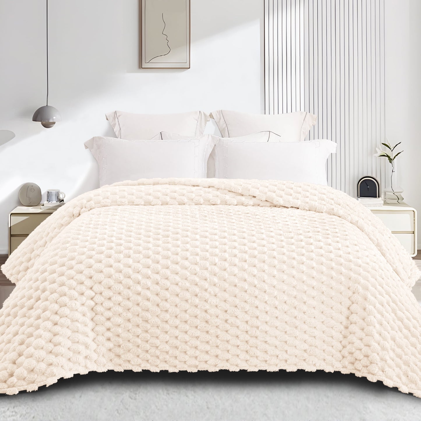 Whale Flotilla 90"x 104" King Size Blanket for Bed with Expanded 3D-Jacquard Pattern, Fuzzy Soft Cozy Exquisite Blankets or All Season, Warm and Fluffy, White