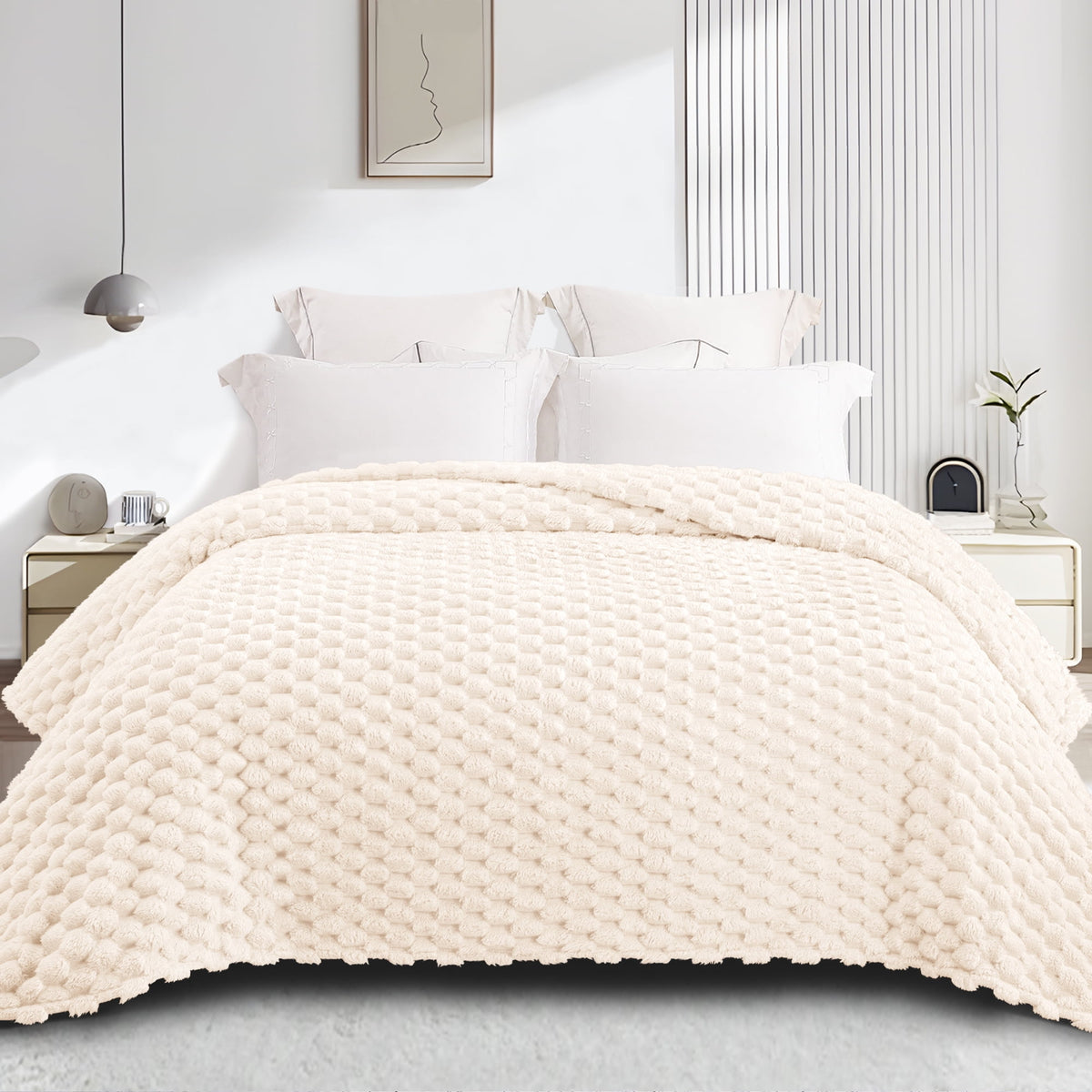 Whale Flotilla 60"x 80" Twin Size Blanket for Bed with Expanded 3D-Jacquard Pattern, Fuzzy Soft Cozy Exquisite Blankets or All Season, Warm and Fluffy, White