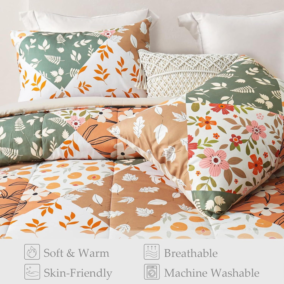 Whale Flotilla 3-Piece Queen Comforter Set, Soft Reversible Bedding Comforter Sets, Patchwork Printed Down Alternative Comforter Duvet for All Seasons, Orange