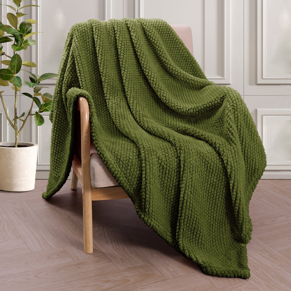 Whale Flotilla Fuzzy Fleece 50"x70" Throw Blanket for Couch, Fluffy Warm Soft Jacquard Blankets for All Seasons, Lightweight and Cozy, Olive