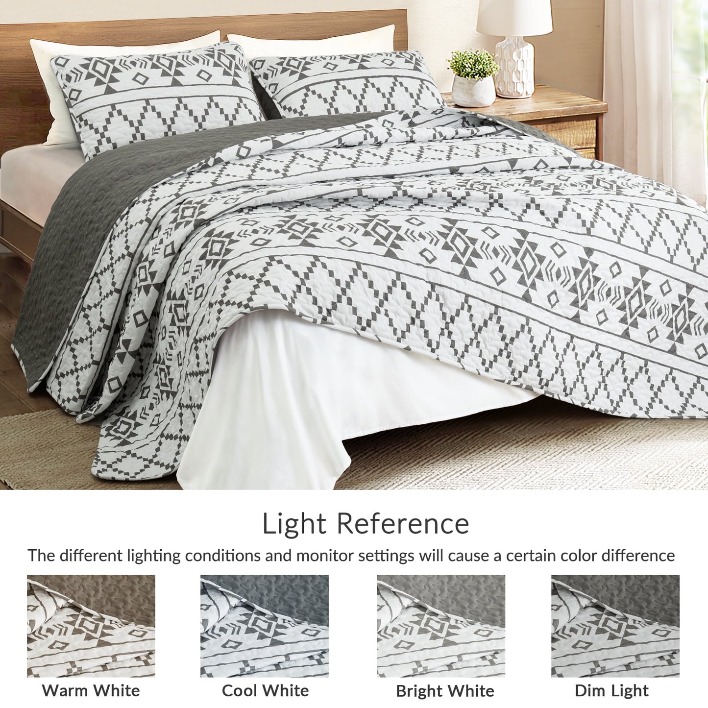 Whale Flotilla Reversible Ultra Soft Printed Quilts King Size, Lightweight Patchwork Geometric Stripes Bedspreads Coverlets Quilt Bedding Set with 2 Pillow Shams for All Seasons, White/Grey