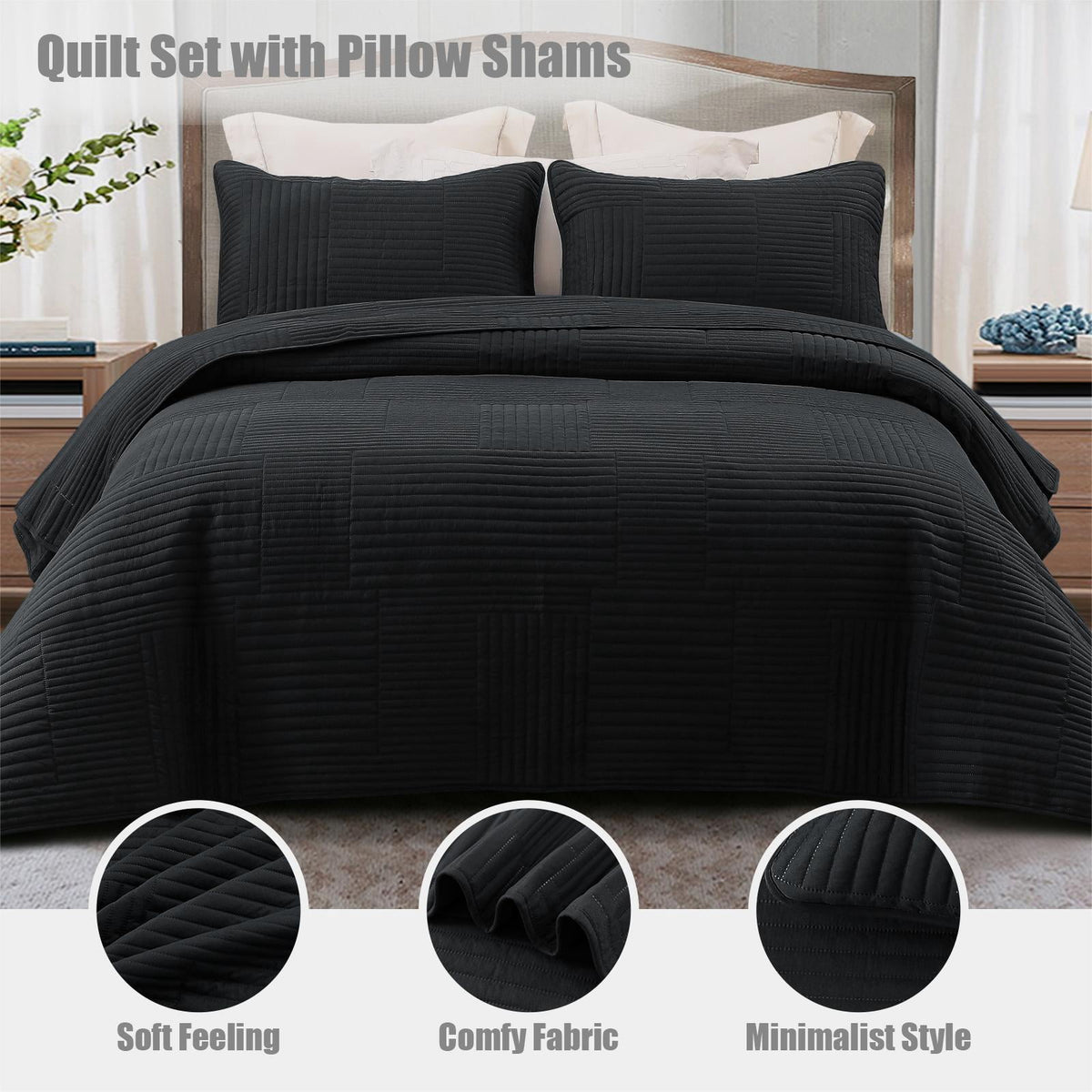 Whale Flotilla Twin Quilt Set, Soft and Lightweight Bedspreads Coverlet with Striped Pattern, Reversible Bedding Sets with Pillow Shams, 68x88 Inches, Black