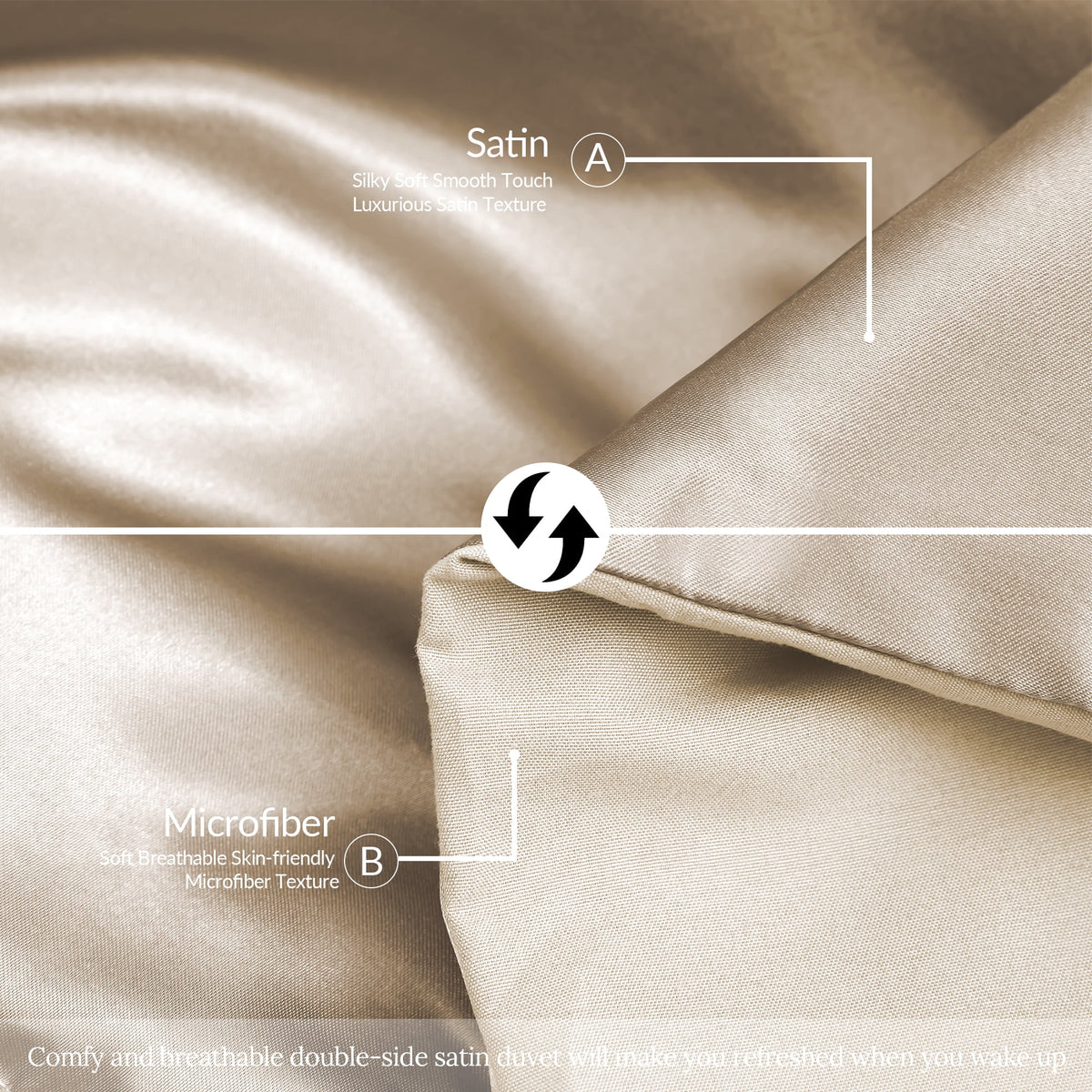 Whale Flotilla 3-Piece Reversible Silky Satin King Size Comforter Bedding Set, Lightweight Luxury Comforters with 2 Pillowcases All-Season, Champagne