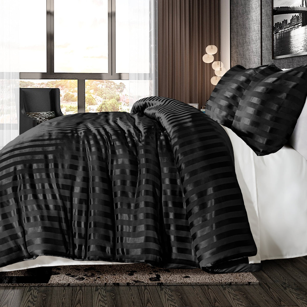Whale Flotilla Queen Comforter Set 3-Piece Black Satin Stripe Bedding, Lightweight All-Season Reversible Soft Bedding Set with 2 Pillowcases