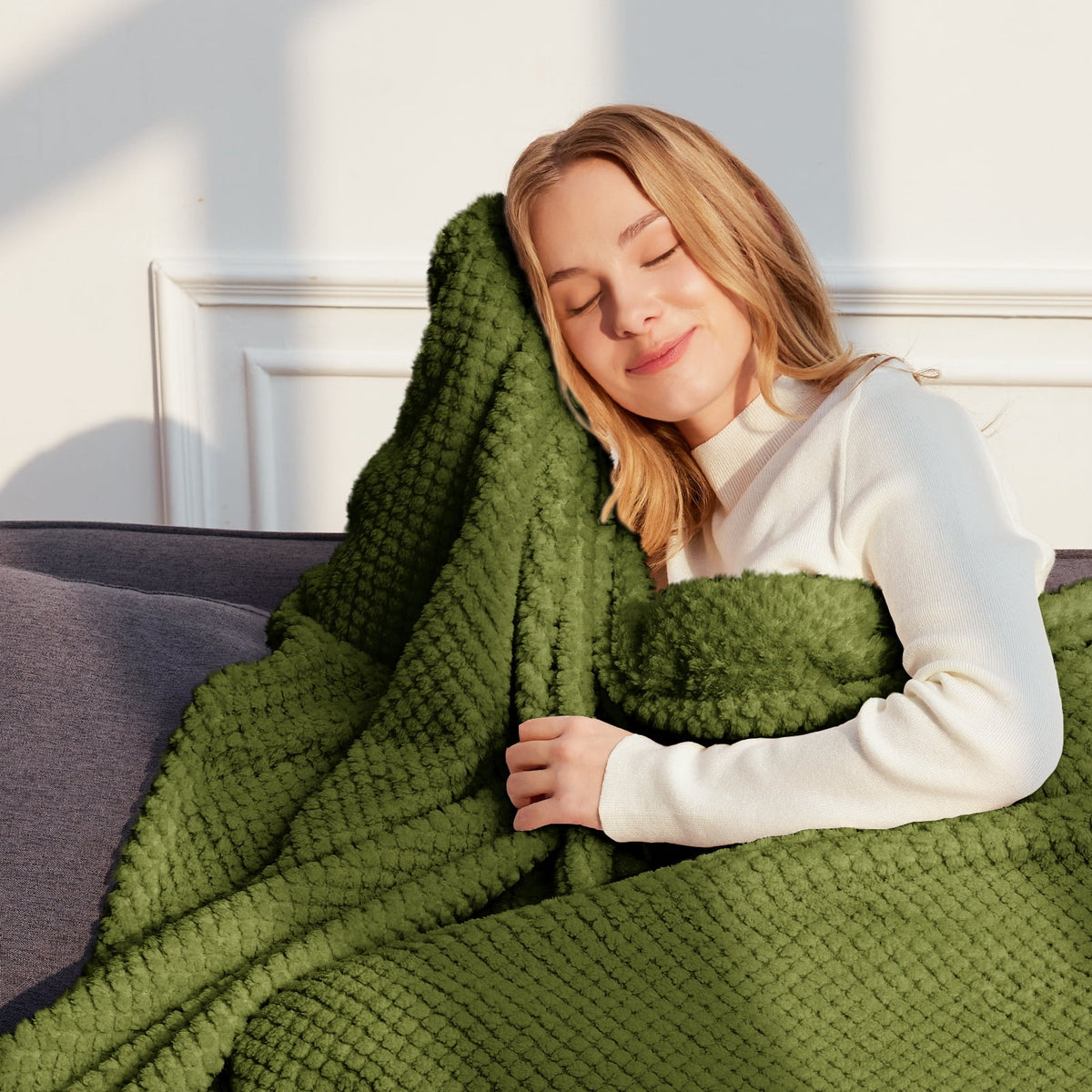 Whale Flotilla Twin Size Fuzzy Fleece Blanket, 60"x80" Fluffy Lightweight Soft Jacquard Bed Blankets for All Seasons, Warm and Cozy, Olive