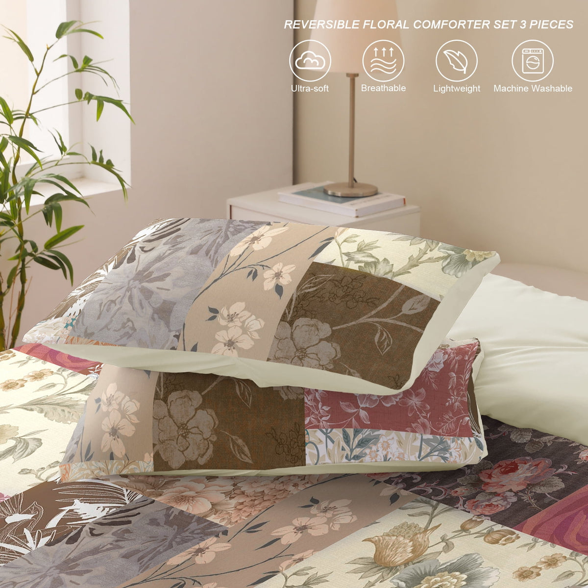 Whale Flotilla 3-Piece King Comforter Set, Soft Reversible Bedding Comforter Sets, Patchwork Printed Down Alternative Comforter Duvet for All Seasons, Vintage Red Flowers