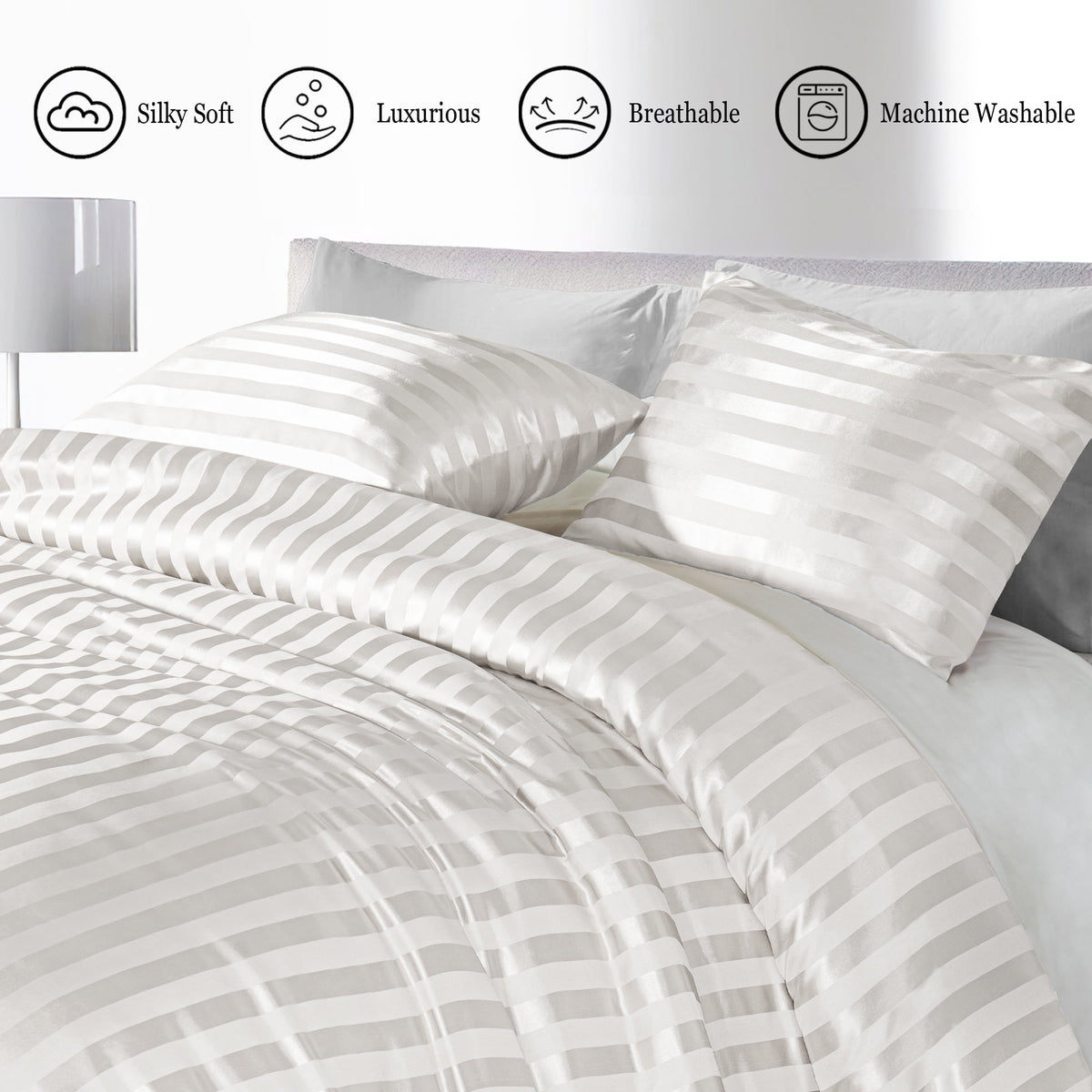Whale Flotilla Twin Comforter Set 2-Piece White Satin Stripe Bedding, Lightweight All-Season Reversible Soft Bedding Set with 1 Pillowcase