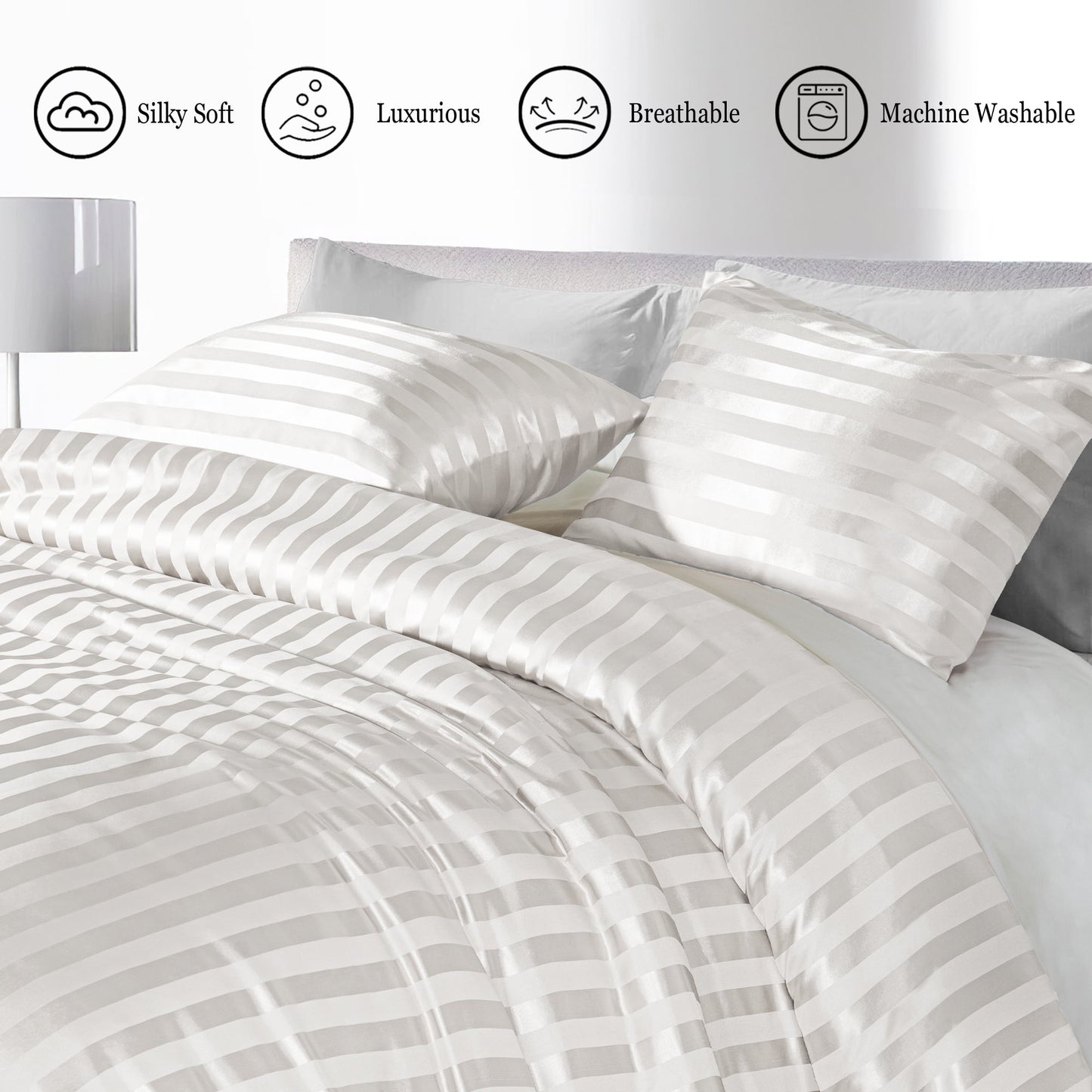 Whale Flotilla Queen Comforter Set 3-Piece White Satin Stripe Bedding, Lightweight All-Season Reversible Soft Bedding Set with 2 Pillowcases