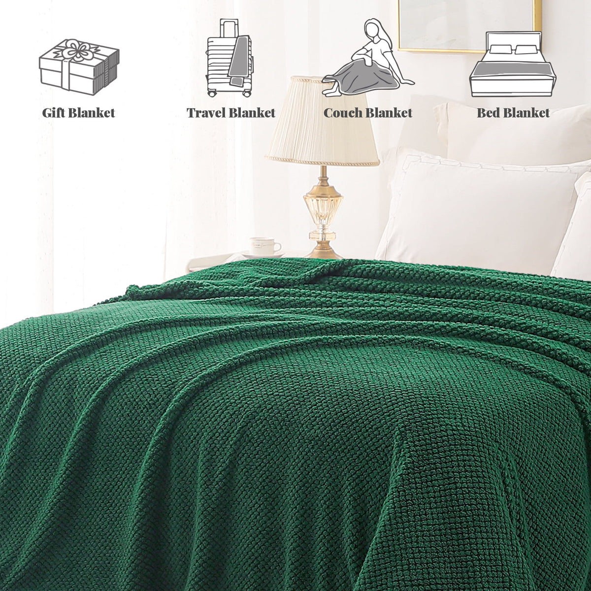 Whale Flotilla King Size Fuzzy Fleece Blanket, 90"x104" Fluffy Lightweight Soft Jacquard Bed Blankets for All Seasons, Warm and Cozy, Deep Green