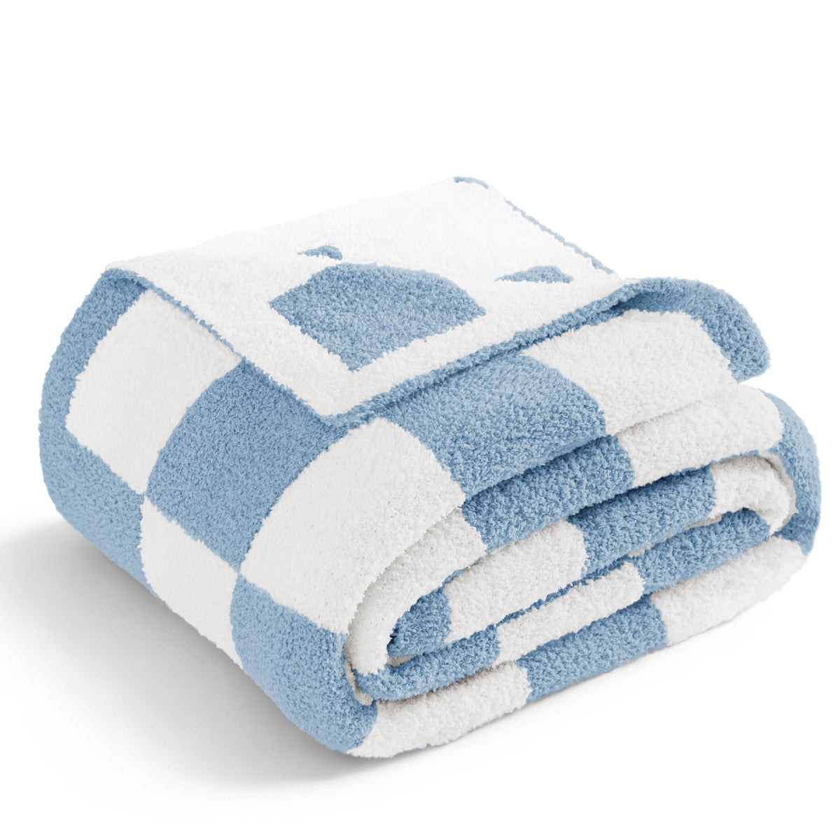 Whale Flotilla Checkered Knit Throw Blanket for Couch, Sofa, Bed, Soft Fluffy and Cozy, 50"x60", Light Blue