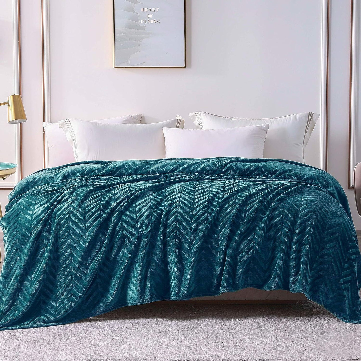 Whale Flotilla Flannel Fleece Twin Size 60x80 Inch Bed Blanket, Soft Velvet Lightweight Bedspread Plush Fluffy Coverlet Chevron Design Decorative Blanket for All Season, Teal