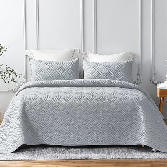 Whale Flotilla Quilt Set Queen Size, Soft Microfiber Lightweight Bedspread Coverlet Bed Cover (Wave Pattern) for All Seasons, Light Grey, 3 Pieces (Includes 1 Quilt, 2 Shams)