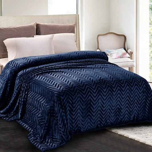 Whale Flotilla Flannel Fleece King Size(90x104 Inch) Lightweight Bed Blanket, Soft Velvet Bedspread Plush Fluffy Coverlet Chevron Design Decorative Blanket for All Seasons, Navy Blue