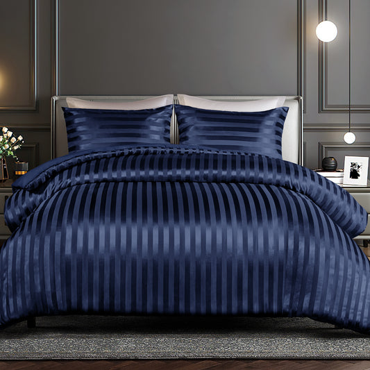 Whale Flotilla 2-Piece Reversible Silky Soft Twin Size Comforter Set, Luxury Stripe Satin Comforter Bedding Set with Satin Pillowcase, Lightweight Duvet for All Seasons, Navy