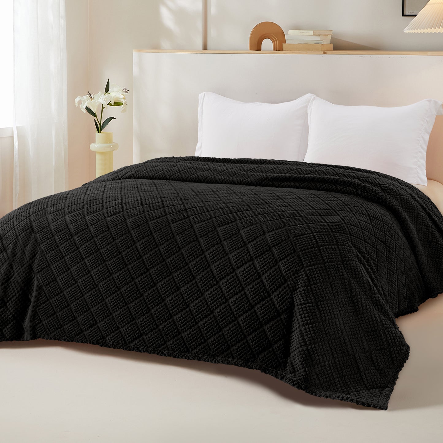 Whale Flotilla Fuzzy Fleece Twin Size Blanket for Bed, Soft Fluffy Jacquard Waffle Blankets for All Season, Lightweight and Warm, 60x80 Inch, Black