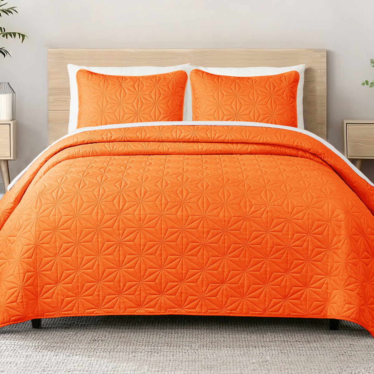 Whale Flotilla Microfiber California King 104"x 112" Quilt Set Lightweight Quilted Bedspreads Coverlets Set with Stars Pattern, Orange
