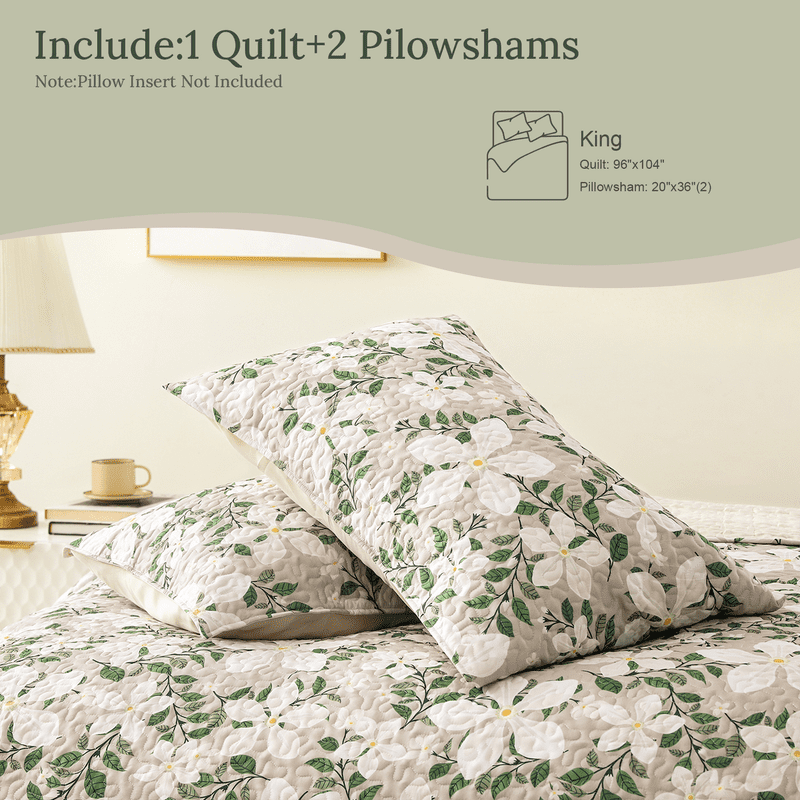 Whale Flotilla Reversible Floral Quilt Set King Size, Lightweight Boho Printed Bedspreads Coverlets Quilts Bedding Set with 2 Pillow Shams for All SeasonsㄛWhite/Bone