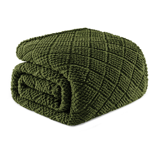 Whale Flotilla Fuzzy Fleece Twin Size Blanket for Bed, Soft Fluffy Jacquard Waffle Blankets for All Season, Lightweight and Warm, 60x80 Inch, Olive