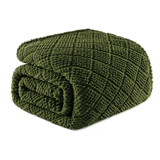 Whale Flotilla Fuzzy Fleece King Size Blanket for Bed, Soft Fluffy Jacquard Waffle Blankets for All Season, Lightweight and Warm, 90x104 Inch, Olive