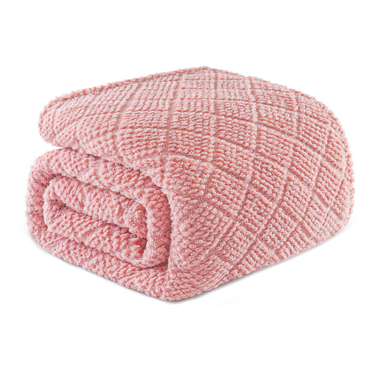 Whale Flotilla Fuzzy Fleece Queen Size Blanket for Bed, Soft Fluffy Jacquard Waffle Blankets for All Season, Lightweight and Warm, 90x90 Inch, Pink