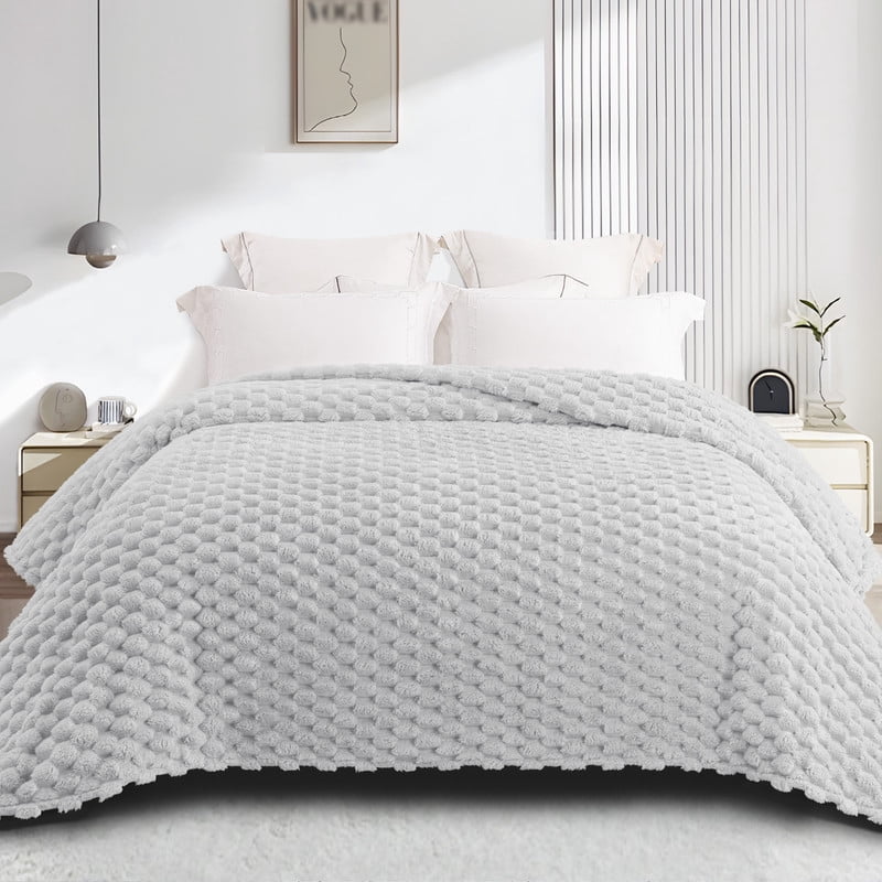 Whale Flotilla 90"x 90" Queen Size Blanket for Bed with Expanded 3D-Jacquard Pattern, Fuzzy Soft Cozy Exquisite Blankets or All Season, Warm and Fluffy, Light Grey