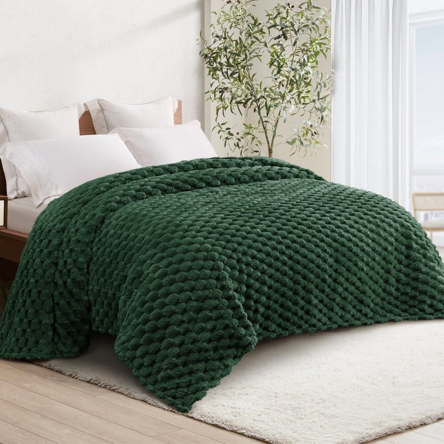 Whale Flotilla 90"x 90" Queen Size Blanket for Bed with Expanded 3D-Jacquard Pattern, Fuzzy Soft Cozy Exquisite Blankets or All Season, Warm and Fluffy, Emerald Green