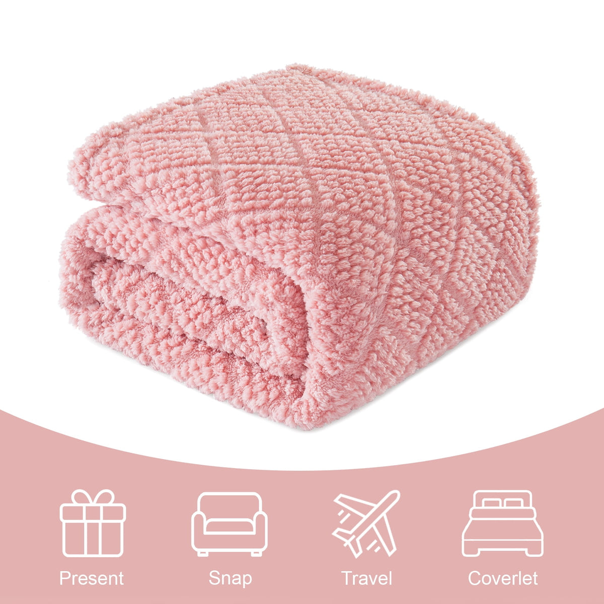 Whale Flotilla Fuzzy Fleece Twin Size Blanket for Bed, Soft Fluffy Jacquard Waffle Blankets for All Season, Lightweight and Warm, 60x80 Inch, Pink
