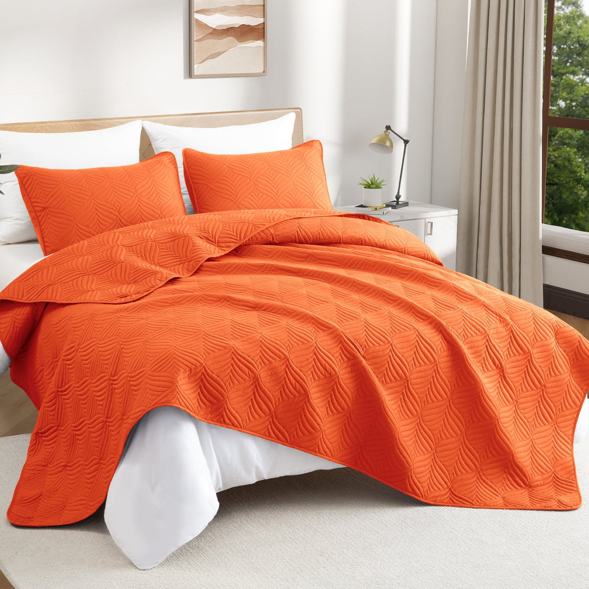 Whale Flotilla Twin Size Quilt Set, Soft Ultrasonic 68x88 Inch Bedding Set, Lightweight Bedspread Coverlet with Vintage Pattern, Reversible Bed Cover for All Seasons,Burnt Orange