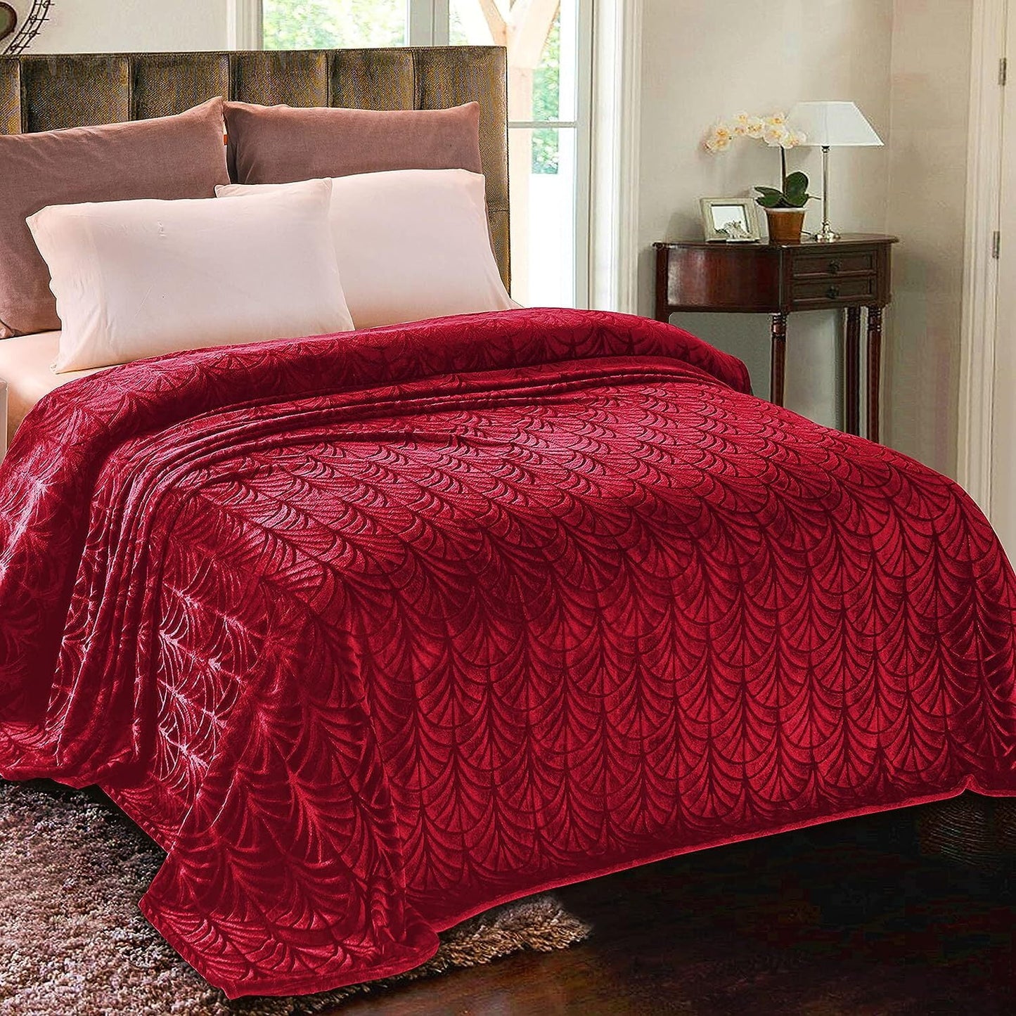 Whale Flotilla Flannel Fleece King Size Bed Blanket, Soft Velvet Lightweight Bedspread Plush Fluffy Coverlet Vintage Design Decorative Blanket for All Season, 90x104 Inch, Red