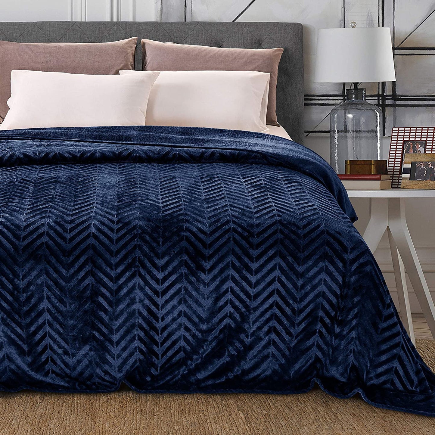 Whale Flotilla Flannel Fleece King Size(90x104 Inch) Lightweight Bed Blanket, Soft Velvet Bedspread Plush Fluffy Coverlet Chevron Design Decorative Blanket for All Seasons, Navy Blue