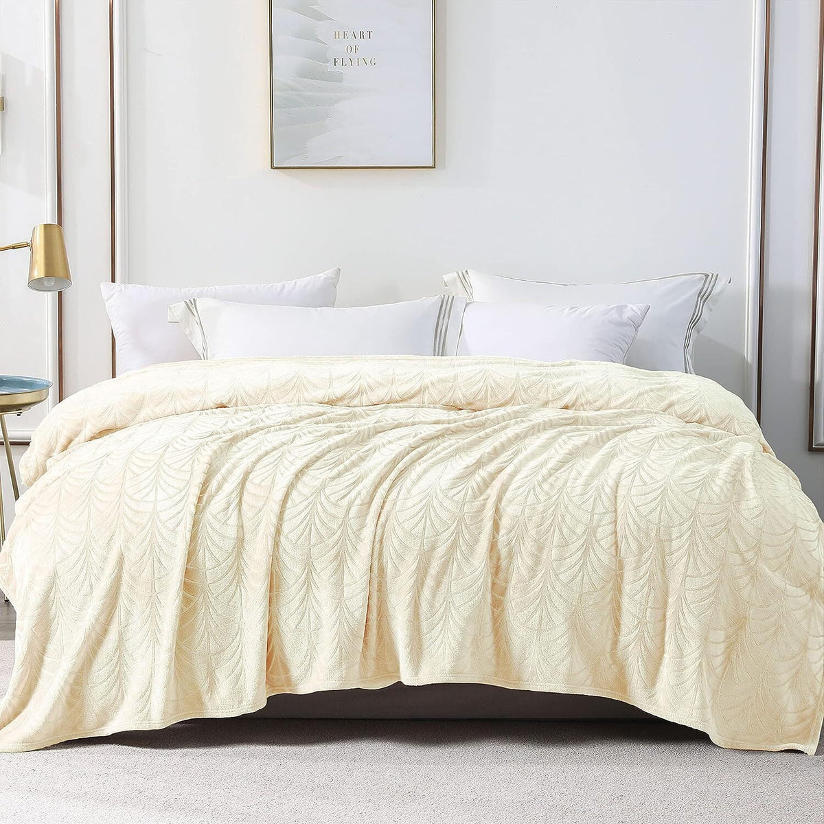 Whale Flotilla Flannel Fleece 90x66 Inch Twin-XL Size Blanket for Bed, Soft Fluffy Velvet Bedspread Coverlet with Decorative Vintage Pattern for All Season, Warm and Lightweight, Light Gold