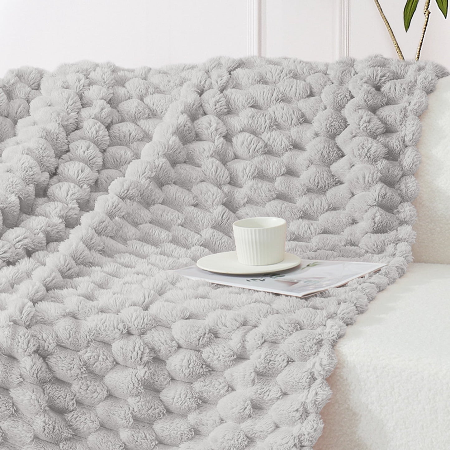 Whale Flotilla 50"x60" Throw Blanket for Couch with Expanded 3D-Jacquard Pattern, Fuzzy Soft Cozy Exquisite Blankets or All Season, Warm and Fluffy, Light Grey