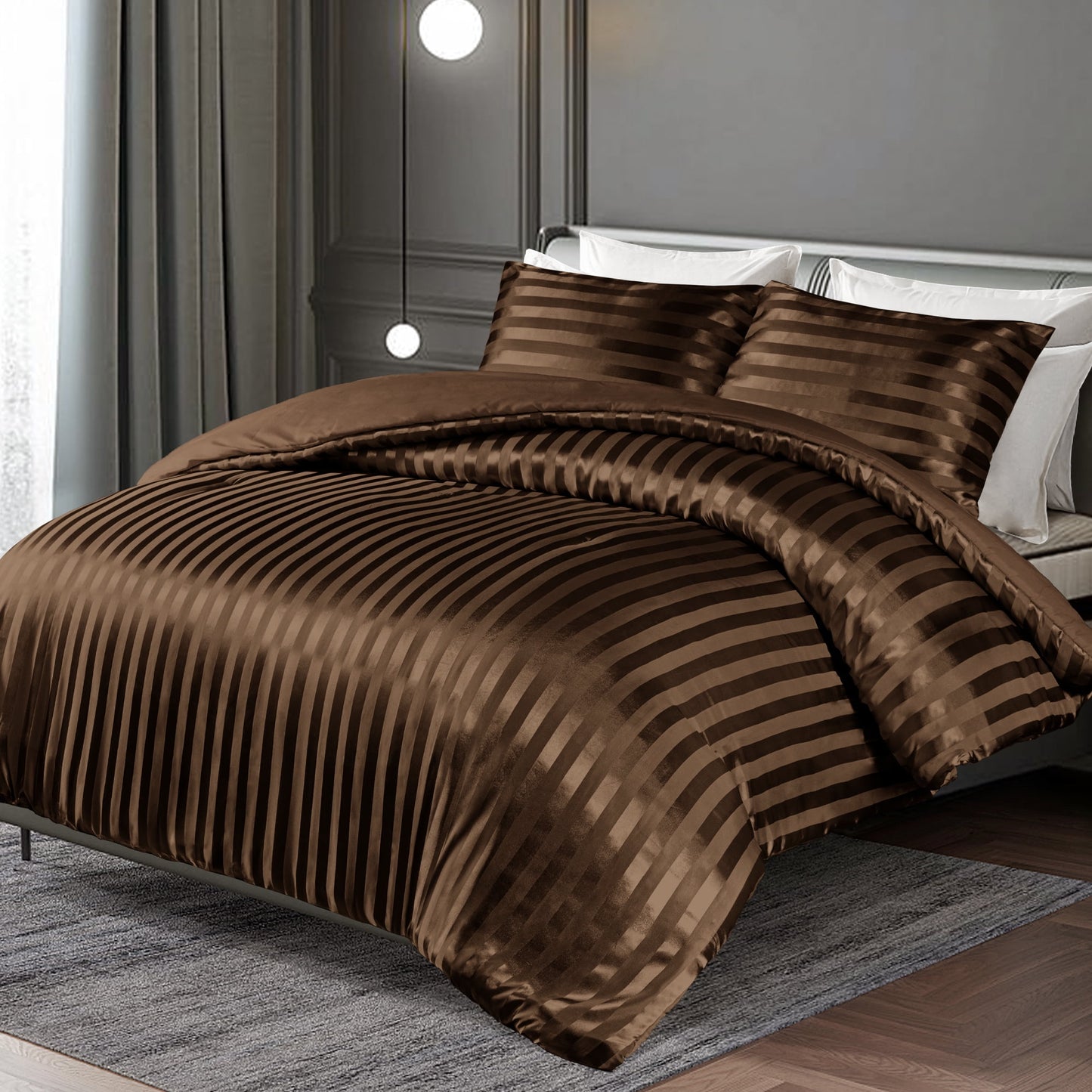Whale Flotilla 2-Piece Reversible Silky Soft Twin Size Comforter Set, Luxury Stripe Satin Comforter Bedding Set with Satin Pillowcase, Lightweight Duvet Set for All Seasons, Brown