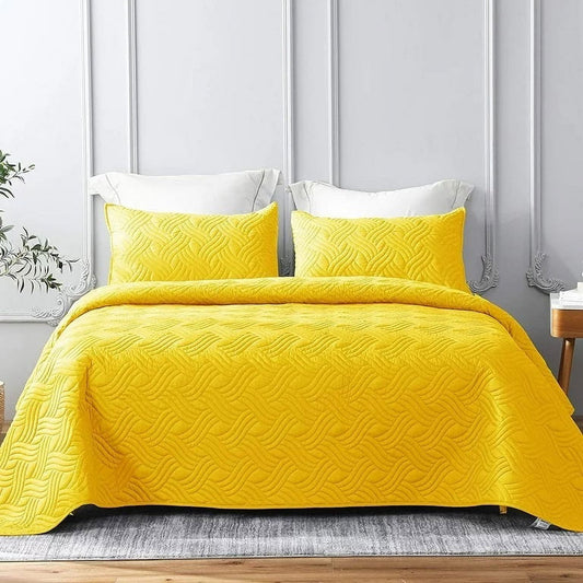 Whale Flotilla Quilt Set Queen Size, Soft Microfiber Lightweight Bedspread Coverlet Bed Cover (Wave Pattern) for All Seasons,Yellow, 3 Pieces (Includes 1 Quilt, 2 Shams)