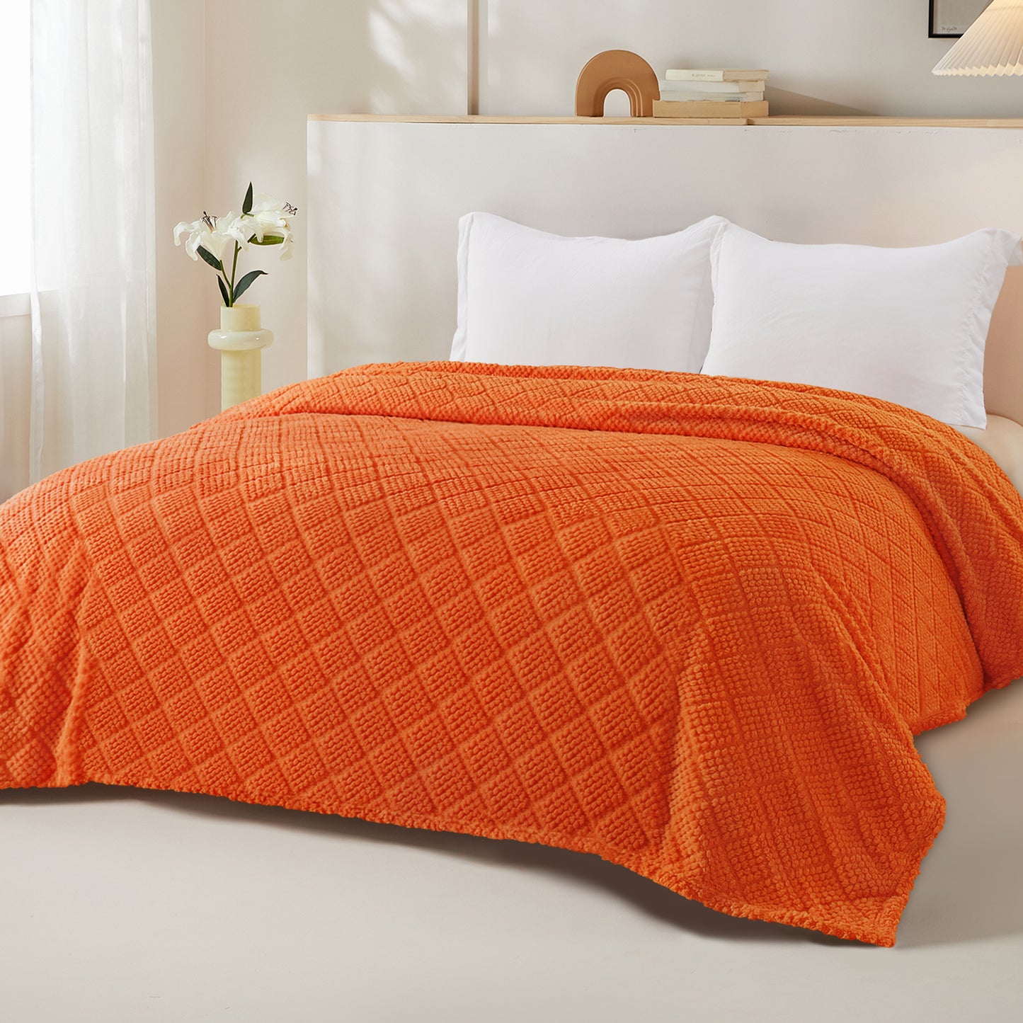 Whale Flotilla Fuzzy Fleece Queen Size Blanket for Bed, Soft Fluffy Jacquard Waffle Blankets for All Season, Lightweight and Warm, 90x90 Inch, Burnt Orange