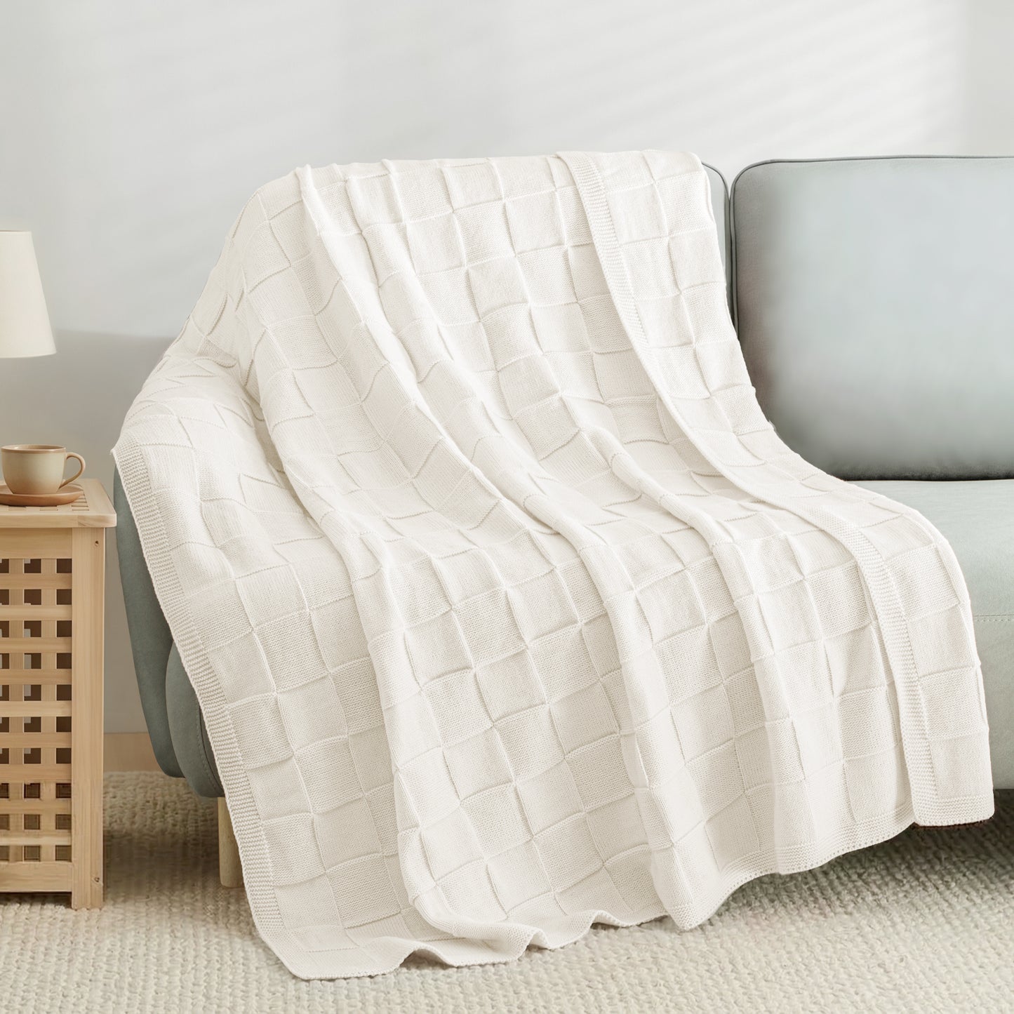 Whale Flotilla Knit Throw Blanket for Couch, Soft Fuzzy Decorative Knitted Blanket for Sofa Bed, Lightweight Cozy Warm Throws, 60x80 Inch, White