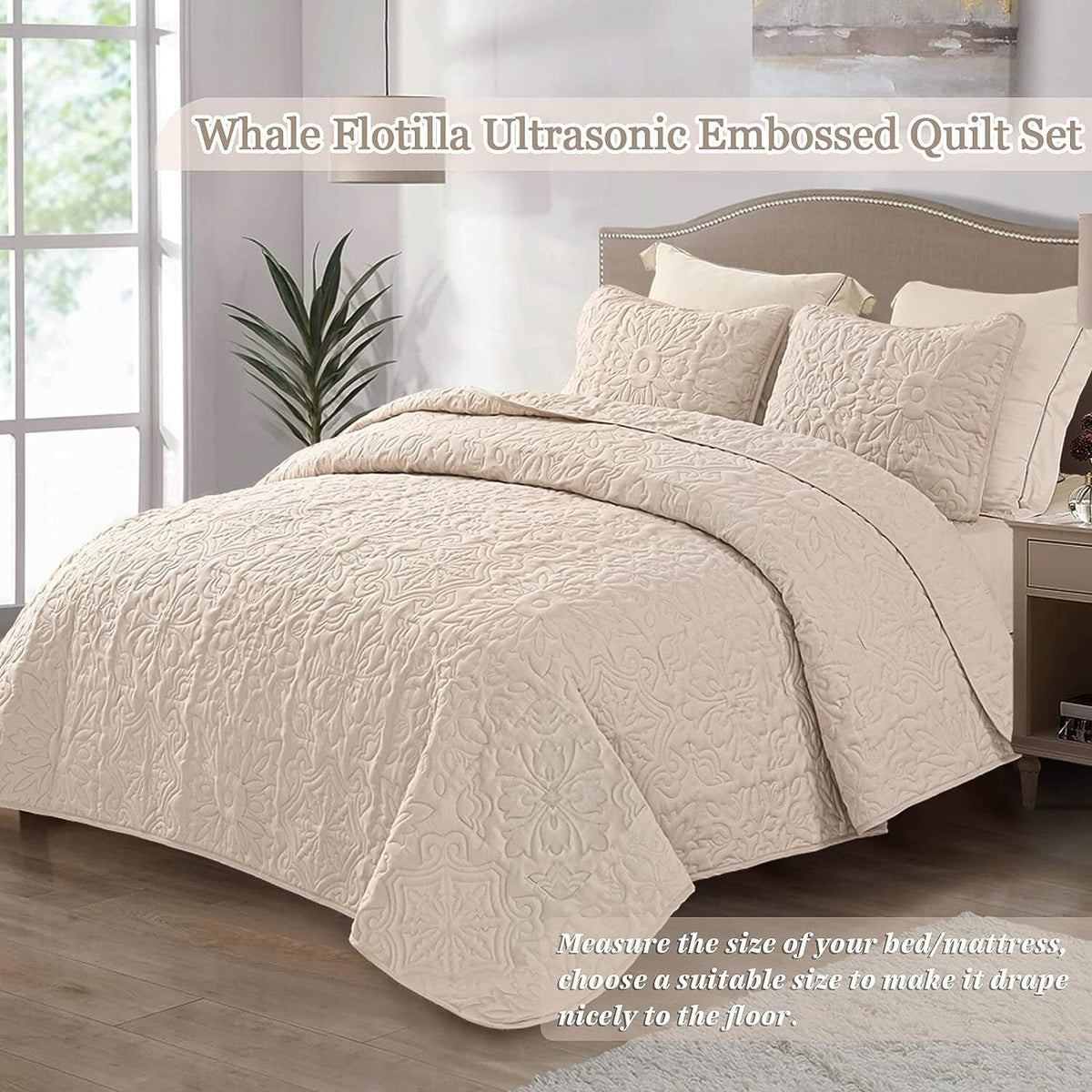 Whale Flotilla 3-Piece King Quilt Set, Soft Embossed Bedding Set, Lightweight Bedspread Coverlet with Damask Vintage Pattern, Reversible Bed Cover for All Seasons, Brich Beige