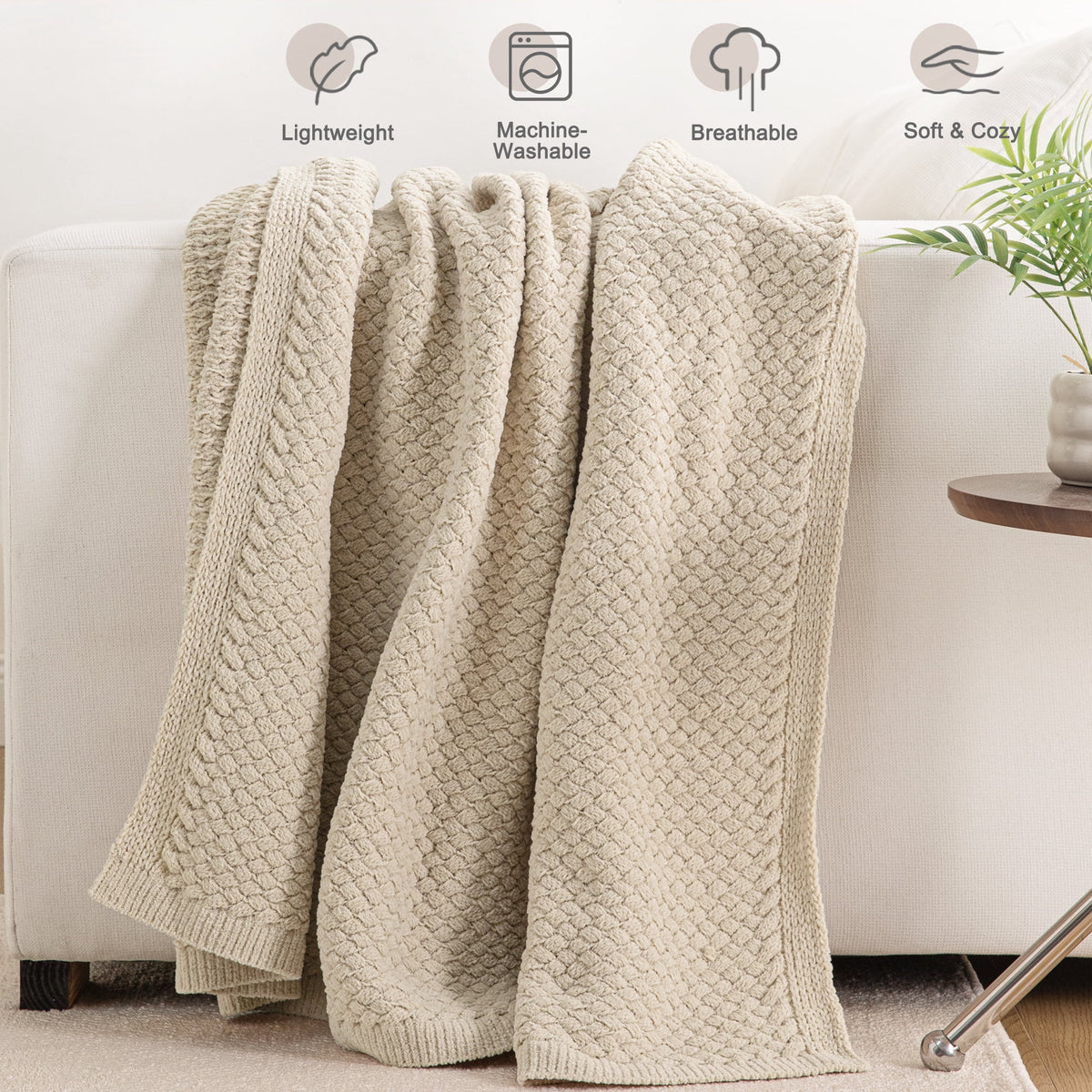 Whale Flotilla Knit Chenille Twin Size Blanket for Bed, Soft Fuzzy Warm Chunky Bed Blanket, 60"x80", Camel