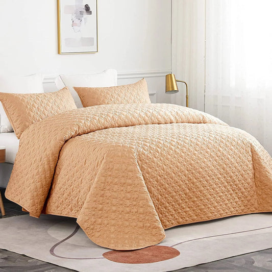 Whale Flotilla Quilt Set Queen Size, Soft Microfiber Lightweight Bedspread Coverlet Bed Cover (Diamond Pattern) for All Seasons, Camel, 3 Pieces (Includes 1 Quilt, 2 Shams)