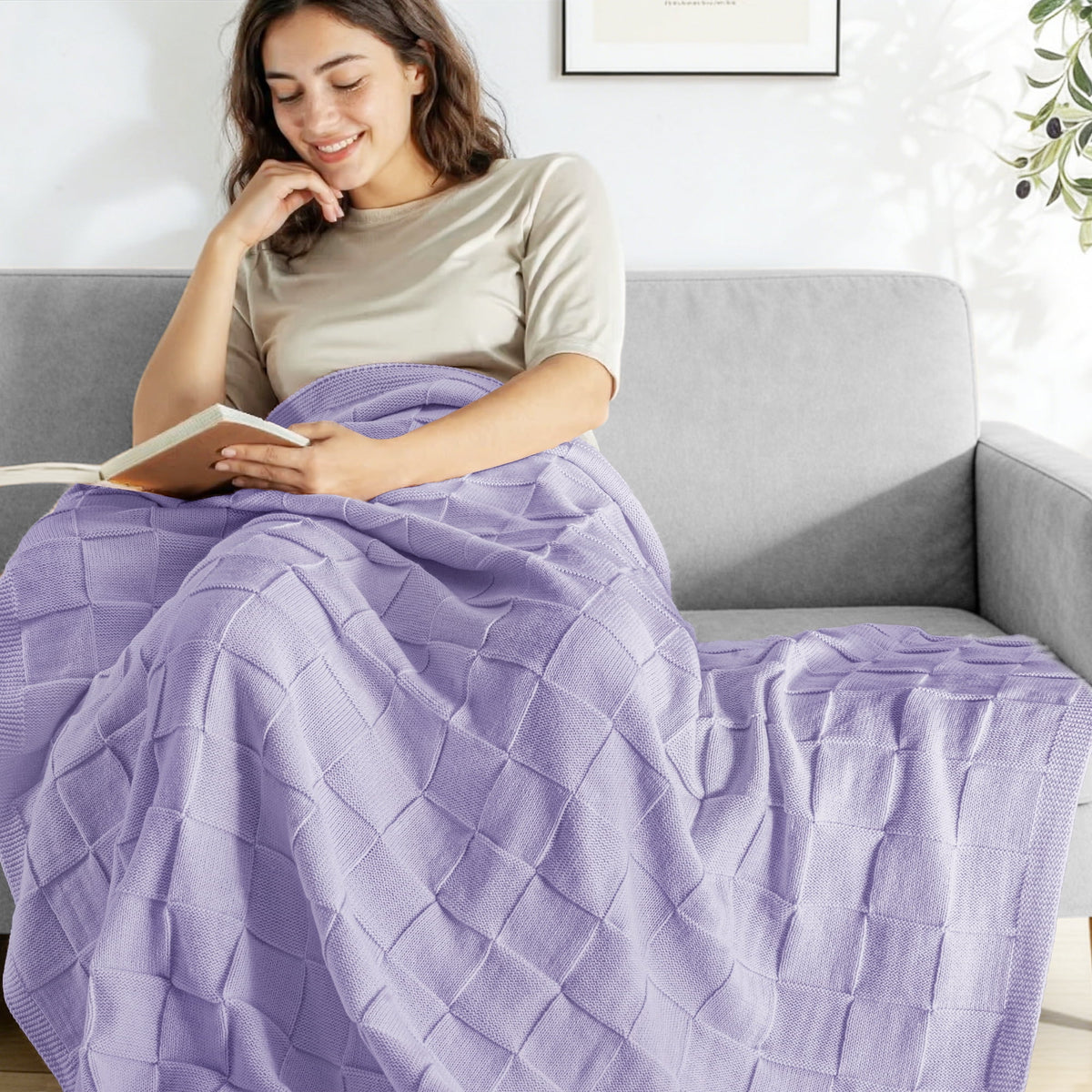 Whale Flotilla Knit Throw Blanket for Couch, Soft Fuzzy Decorative Knitted Blanket for Sofa Bed, Lightweight Cozy Warm Throws, 50x60 Inch, Violet