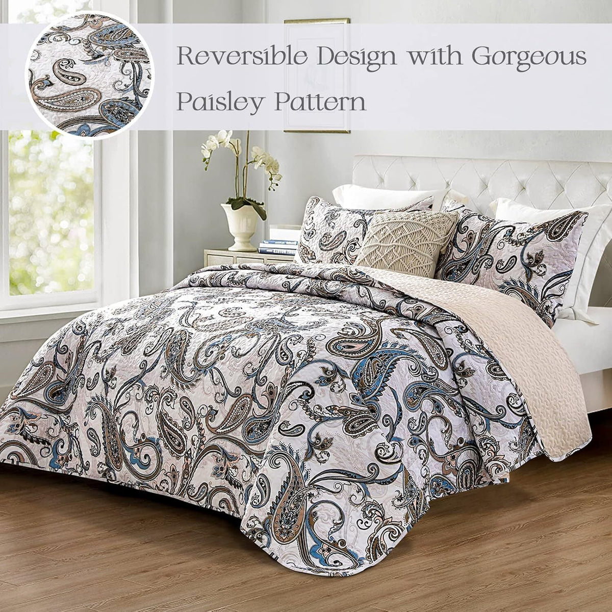 Whale Flotilla Reversible Paisley Quilt Set California King Size, Lightweight Boho Printed Bedspreads Coverlets Quilts Bedding Set with 2 Pillow Shams for All Seasons, Bone/Grey
