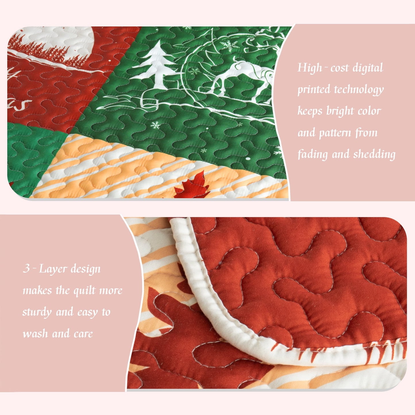 Whale Flotilla Reversible Patchwork Quilts King Size, Lightweight Boho Printed Bedspreads Coverlets Oversized Quilt Bedding Set with 2 Pillow Shams for All Seasons, Happy Christmas