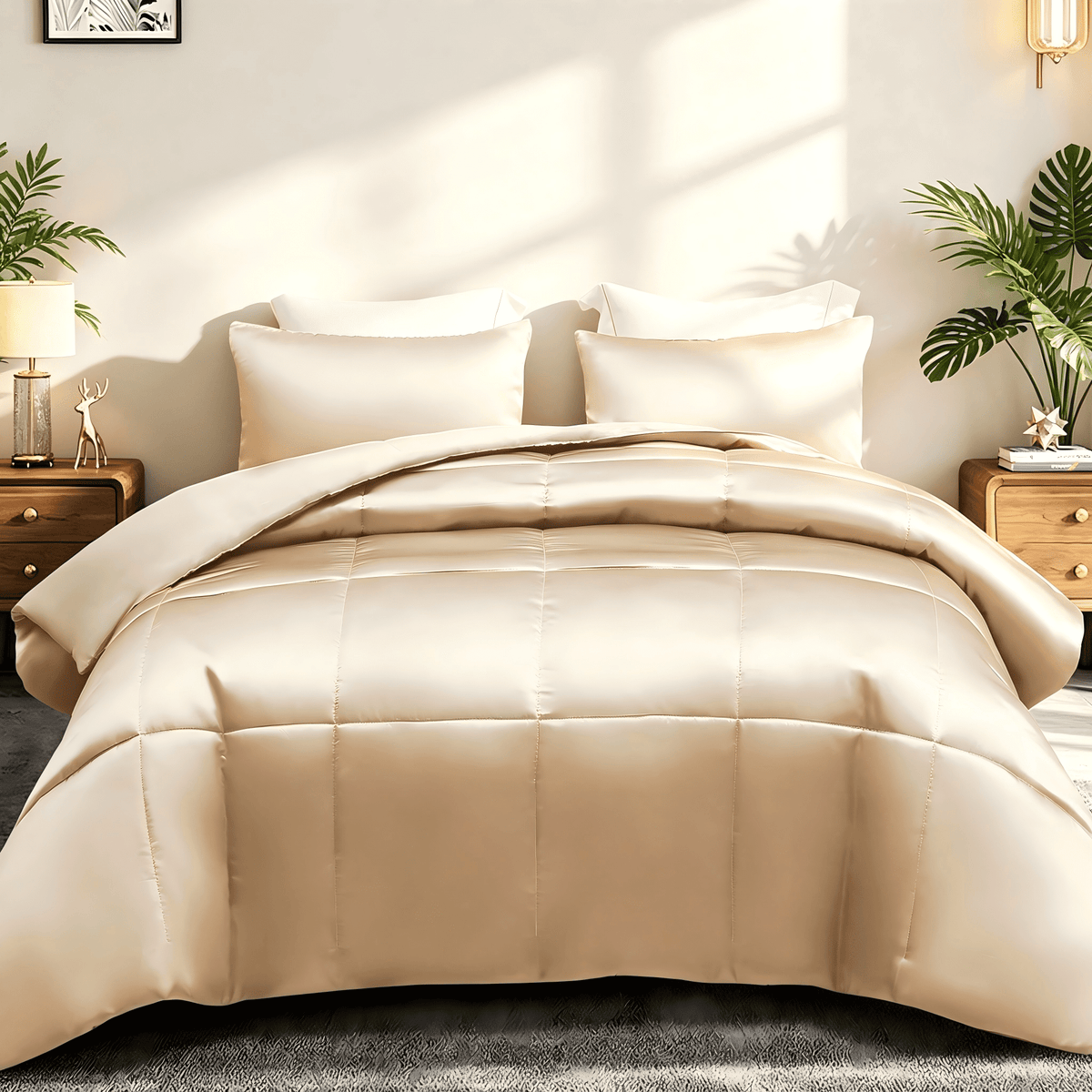 Whale Flotilla 3-Piece Reversible Silky Satin King Size Comforter Bedding Set, Lightweight Luxury Comforters with 2 Pillowcases All-Season, Champagne