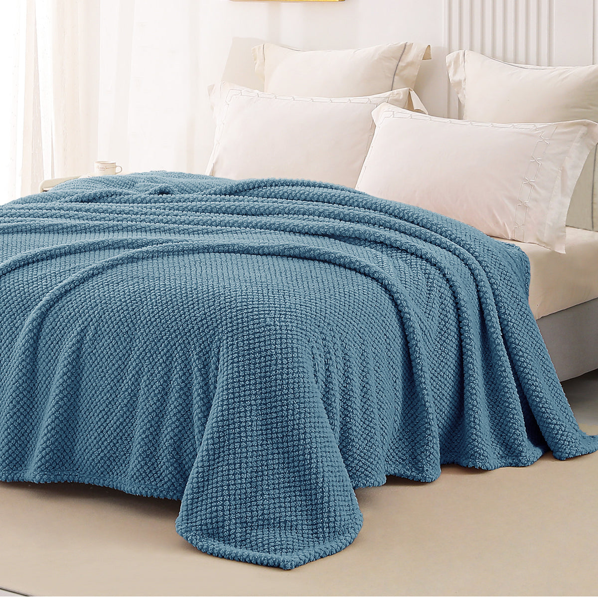 Whale Flotilla Queen Size Fuzzy Fleece Blanket, 90"x90" Fluffy Lightweight Soft Jacquard Bed Blankets for All Seasons, Warm and Cozy, Slate Blue
