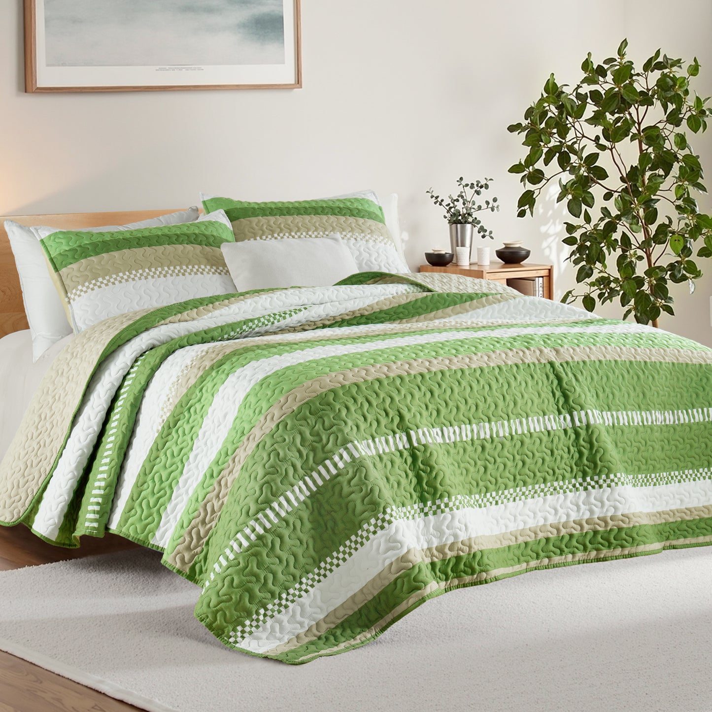Whale Flotilla Reversible Ultra Soft Printed Quilts Twin Size, Lightweight Patchwork Geometric Stripes Bedspreads Coverlets Twin Quilt Bedding Set with 1 Pillow Shams for All Seasons, Green
