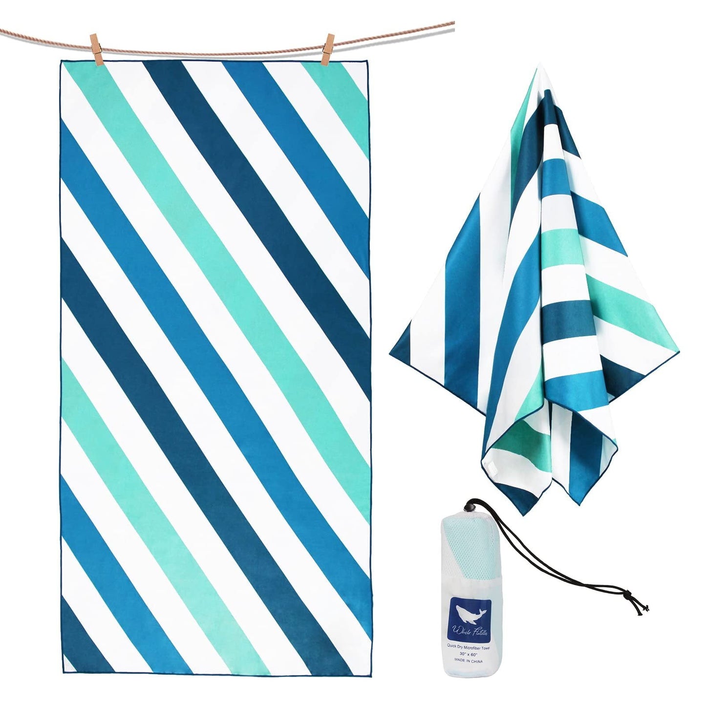 Whale Flotilla Microfiber Large Beach Towel, 2 Pack Quick Dry Beach Towel Sand Free Cooling Travel Camp Pool Towel Set, Super Absorbent and Portable, Aqua and Orange 30x60 Inch