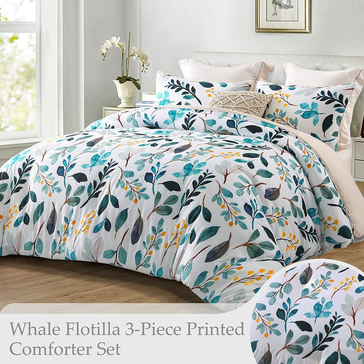 Whale Flotilla 3-Piece Queen Comforter Set, Soft Reversible Bedding Comforter Sets, Floral Printed Down Alternative Comforter Duvet for All Seasons, Navy