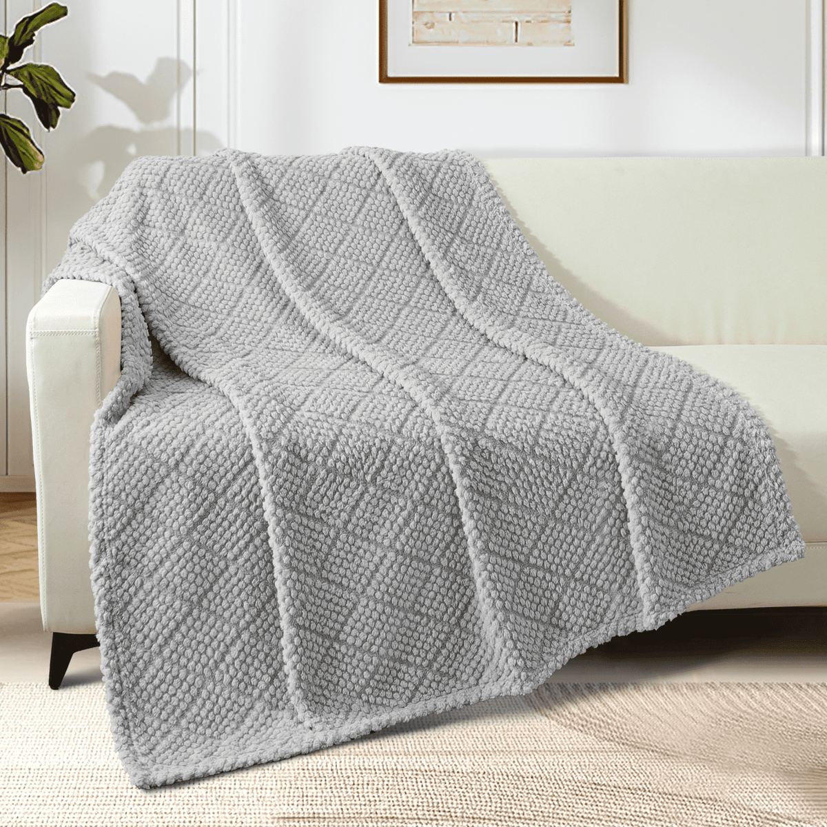 Whale Flotilla Fuzzy Fleece Throw Blanket for Couch, Bed, Soft Fluffy Jacquard Waffle Blankets for All Season, Lightweight and Warm, 50x60 Inch, Light Grey