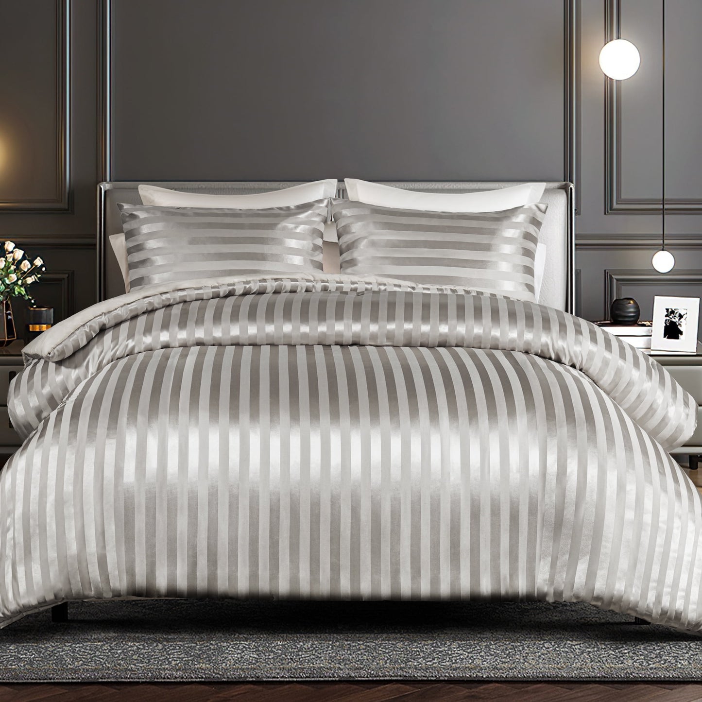 Whale Flotilla 3-Piece Reversible Silky Soft King Size Comforter Set, Luxury Stripe Satin Oversized Comforter Bedding Set with 2 Satin Pillowcases, Lightweight Duvet for All Seasons, Grey